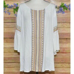 Catherines Womens Petite Gauzy Embroidered Blouse Size 1XWP 3/4 Bell Sleeve Boho
